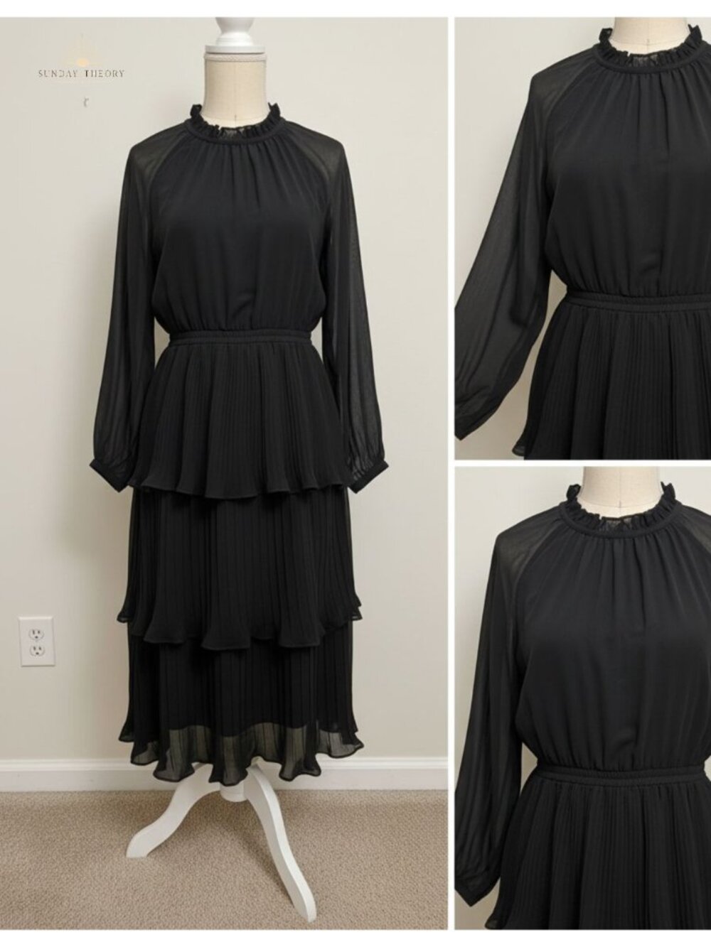 Chiffon Tiered Midi Dress Long Sleeve High Waist Ruffle Swing